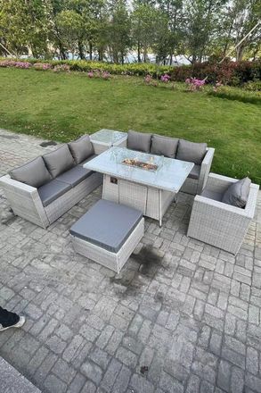Fimous Rattan Fire Pit Garden Furniture Set Gas Heater Burner Lounge Sofa With Side Coffee Table in Light Grey