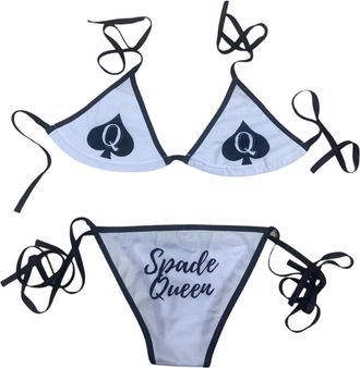 Generic BBC Queen of Spades QOS Bikini Adjustbale Top,Bottom Set Micro String Thongs Women Swimsuit Free Size Hardcore Words Phrases, White, One Size