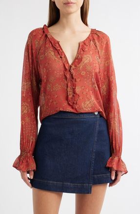 Paige Alison Tie Neck Silk Top in Carmine Red Multi at Nordstrom, Size X-Small