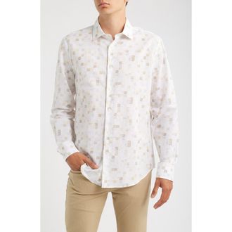 Bugatchi Axel Trim Fit Geometric Print Cotton & Linen Button-Up Shirt in Desert at Nordstrom, Size Xx-Large