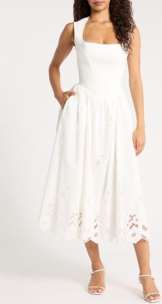 House of CB Safira Broderie Anglaise Detail Stretch Cotton Cocktail Dress in White at Nordstrom, Size X-Small