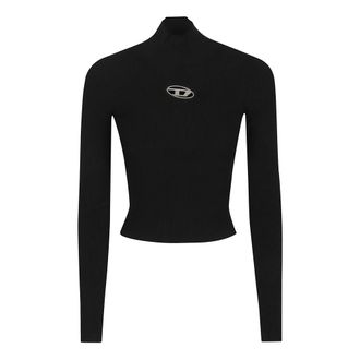 Diesel Turtlenecks, female, Black, Size: M Black Ribbed Knit Crewneck Sweater