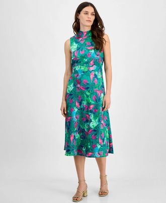 Elie Tahari Asl Midi Dress Womens Green Jade Rose Satin Mock Neck Preppy FTS1527