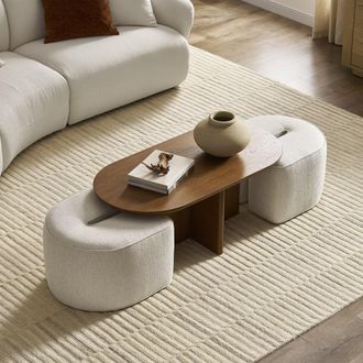 Castlery Dark Brown Nesting Rectangular Coffee Table, Beige Seats | Hugg by Castlery