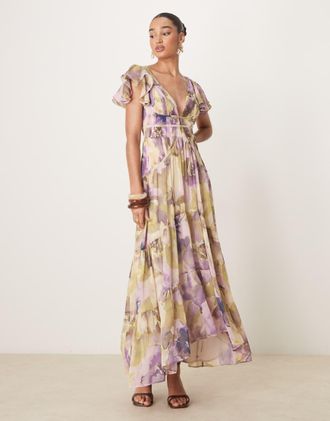 Asos Vestito lungo arricciato con maniche con volant, orlo asimmetrico e stampa a fiori effetto sfumato-Multicolore