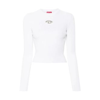 Diesel Long Sleeve Tops, female, White, Size: S Ribbed Knit White Top with Oval D Detail