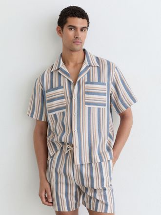 Reiss Blue & ecru Striped Cuban-collar Shirt, Xxl