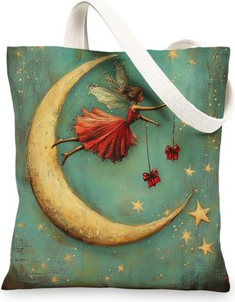 Generic Vintage Christmas Fairy Canvas Tote Bag for Shopping 13x15, Aesthetic Retro Xmas Moon Reusable Grocery Print Pattern Bag for Women Men, Holiday New Ye