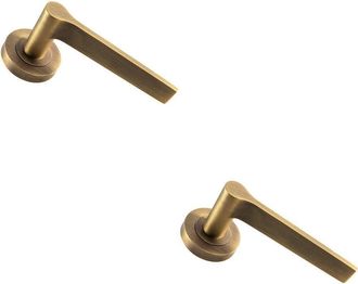 Loops 2x PAIR Straight Rounded Handle on Round Rose Concealed Fix Antique Brass