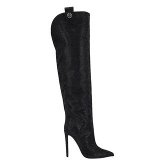 Philipp Plein High-Heel High Boots Mixed Strass Hexagon - Dames - Over de knie laarzen - Zwart - 40 EU - Leer - Schoenen