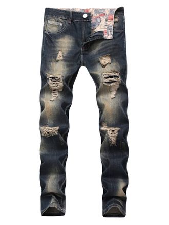 Generic JIER Mens Straight Leg Ripped Jeans Destroyed Denim Pants Pocket Distressed Straight Leg Jean Trousers (Blue,34)