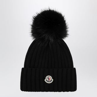Moncler Berretto nero in lana con pon pon