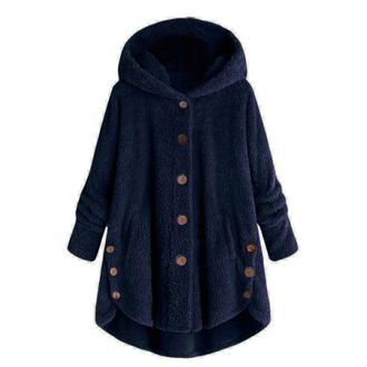 Generic Plus Size Fleece Bed Jacket for Women Soft Fuzzy Button Hooded Lightweight Winter Lounge Coat Outerwear (Navy blue,L)