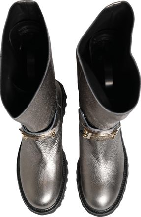 Dolce & Gabbana Mens Metallic Silver Leather Mid Calf Boots Shoes Cervo Laminato