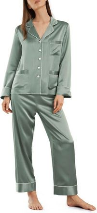 LilySilk Chic Trimmed Silk Pajama Set in Avocado Green at Nordstrom, Size Medium