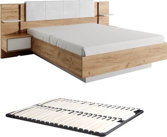 Vente-Unique Cama con mesitas de noche 160 x 200 cm - Con LEDS - Color: Natural y blanco + Somier - ELYNIA
