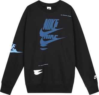 Nike Sportswear Sport Logo Printing Fleece Round Neck Pullover Black Blue DM6876-010
