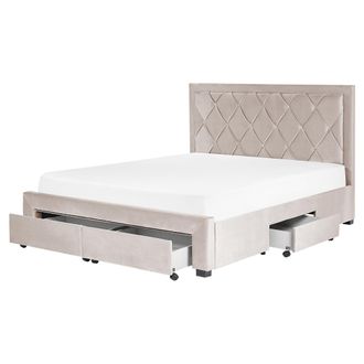 Beliani Cama Con Almacenaje De Terciopelo Beige 160 X 200 Cm Cajones Cabecero Alto Capiton&eacute; Glamuroso Lievin