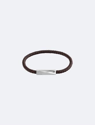 Calvin Klein Mens Beveled ID Leather Bracelet - Brown - OS