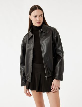 Koton JACKS PU Oversized Kunstleer Jas met Rits en Zakdetails