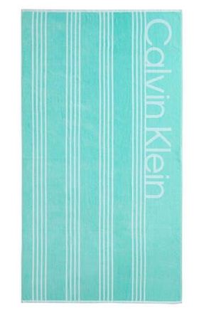 Calvin Klein Pinstripe Logo Beach Towel in Water Ballet/white at Nordstrom Rack