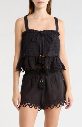 Ramy Brook Amina Tiered Cotton Eyelet Cover-Up Shirt in Black at Nordstrom, Size Medium