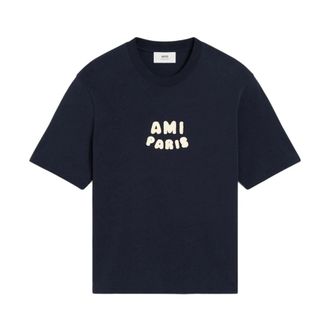 Ami T-Shirts, male, Blue, Size: S Blue Logo Patch Crew Neck T-shirt