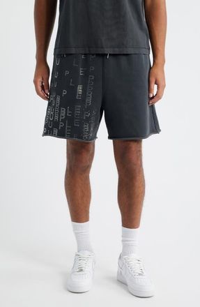 Purple Embellished Logo Raw Hem Fleece Drawstring Shorts in Black at Nordstrom, Size Small