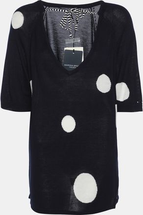 Marina Rinaldi Marina Sport By Marin Rinaldi Navy Blue/white Stretch Knit Polka Dot V Neck Sweater