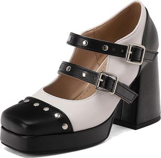 Generic Womens Platform Chunky High Heel Pumps Fashion Square Toe Studded Decor Ankle Strap Buckle Mary Jane Court Shoes (Black,5.5)