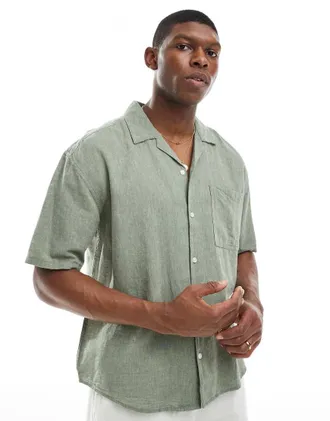 Only & Sons linen mix relaxed resort shirt in sage-Green