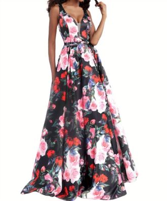 Jovani Printed A-Line Ballgown In Black/floral