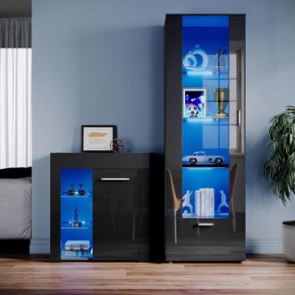 Elegant Lighting Black Display Cabinet Set High Gloss Living Room Set Tall Storage Cabinet Sideboard Cupboard with Multicolour led Light - Elegant