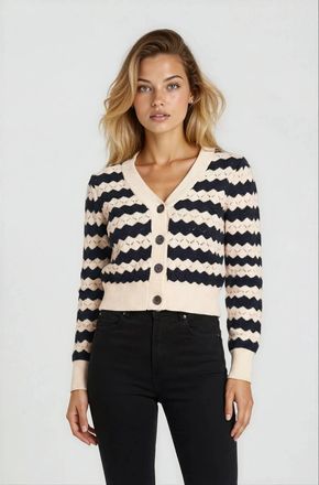 Chrldr Jamie Pointelle Cardigan Sweater In Black White Stripe