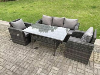 Fimous Rattan Garden Furniture Set 3 Seater Lounge Sofa Reclining Chair Outdoor Rectangular Dining Table 5 Seater in Dark Grey