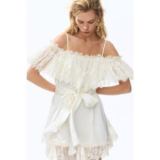 H&M Lace-trimmed satin dress in Ivory at Nordstrom, Size Large