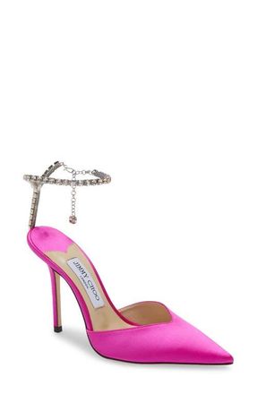 Jimmy Choo London Saeda Crystal Ankle Strap Pointed Toe Pump in Fuchsia at Nordstrom, Size 8Us