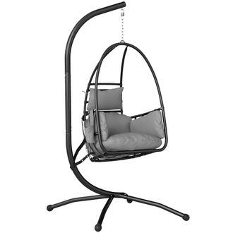 OUTSUNNY Silla Colgante Huevo Con Soporte, Columpio De Jard&iacute;n Con Cesta Plegable, Reposacabezas, Coj&iacute;n, Bolsillo, Exterior, Carga 120 Kg, Gris Oscuro
