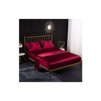 OEM Juego De Ropa De Cama De Sat&eacute;n De Seda De 4 Piezas Con S&aacute;bana Bajera, S&aacute;bana Encimera Y Funda De Almohada, Transpirable, Suave Y C&oacute;modo, Rojo (tama&ntilde;o 