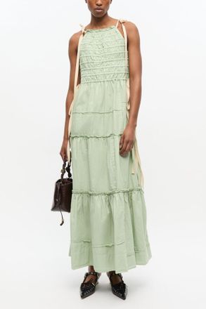 Ganni Green Light Smocked Tiered Dress - Size 34 Organic Cotton