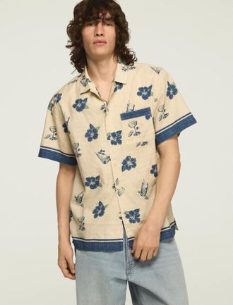 Lucky Brand Mens Short Sleeve Printed Camp Collar Shirt