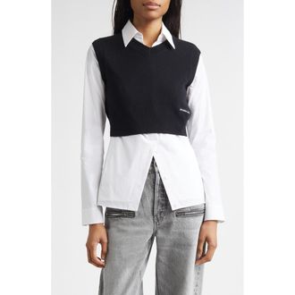 Alexander Wang Stretch Cotton Shirt & Wool Blend Sweater Vest in Black/White at Nordstrom, Size X-Large