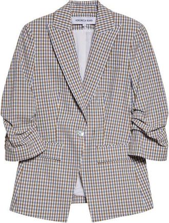 Veronica Beard Clayton Check Stretch Cotton Dickey Jacket in Acorn Multi at Nordstrom, Size 00