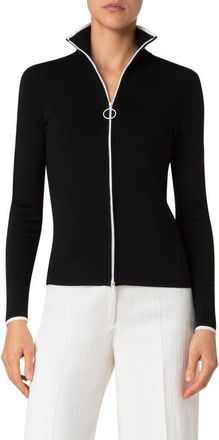 Akris Stretch Virgin Wool Zip Cardigan in Black-Cream at Nordstrom, Size 10