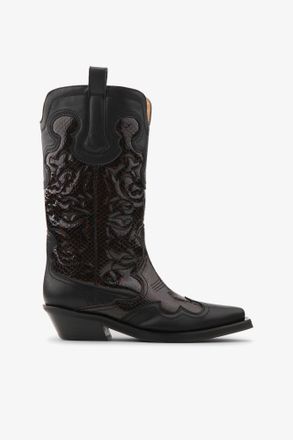 Ganni Red Mid Shaft Embroidered Western Boots in Burgundy - Size 8 Recycled Leather