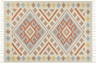 Beliani Beliani - Alfombra Kilim De Algod&oacute;n Beige Azul Amarillo Naranja 160 X 230 Cm Geom&eacute;trico Borlas Atan