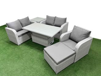 Fimous High Back Poly Rattan Garden Furniture Set w/ Reclining Chair Loveseat Sofa Adjustable Lifting Dining or Coffee Table Indoor Outdoor Patio Set