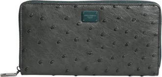 Dolce & Gabbana Mens Green Ostrich Logo Plaque Zip Around Continental Wallet