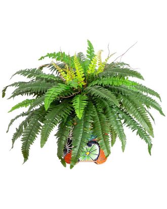 Nearly Natural Artificial Boston Fern In Handmade Mexican Talavera Ceramic Planter