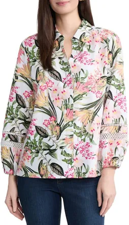 Jones New York Floral Linen Blend Button-Up Shirt in White Sand Multi at Nordstrom, Size X-Large